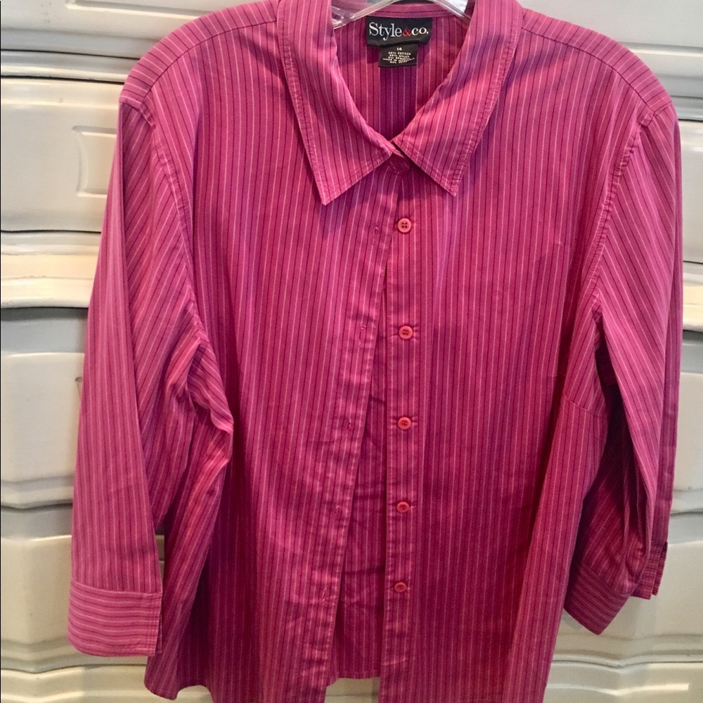 Dark Pink 3/4 sleeve stripes button women’s blouse